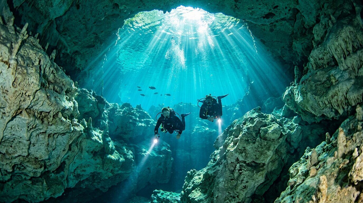 Cave divers descending through light rays inside the spring's cave system