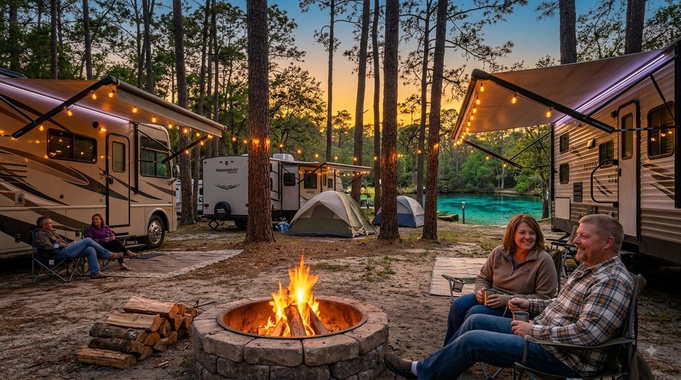 RVs and tents at dusk along the spring run, string lights and a campfire in the foreground