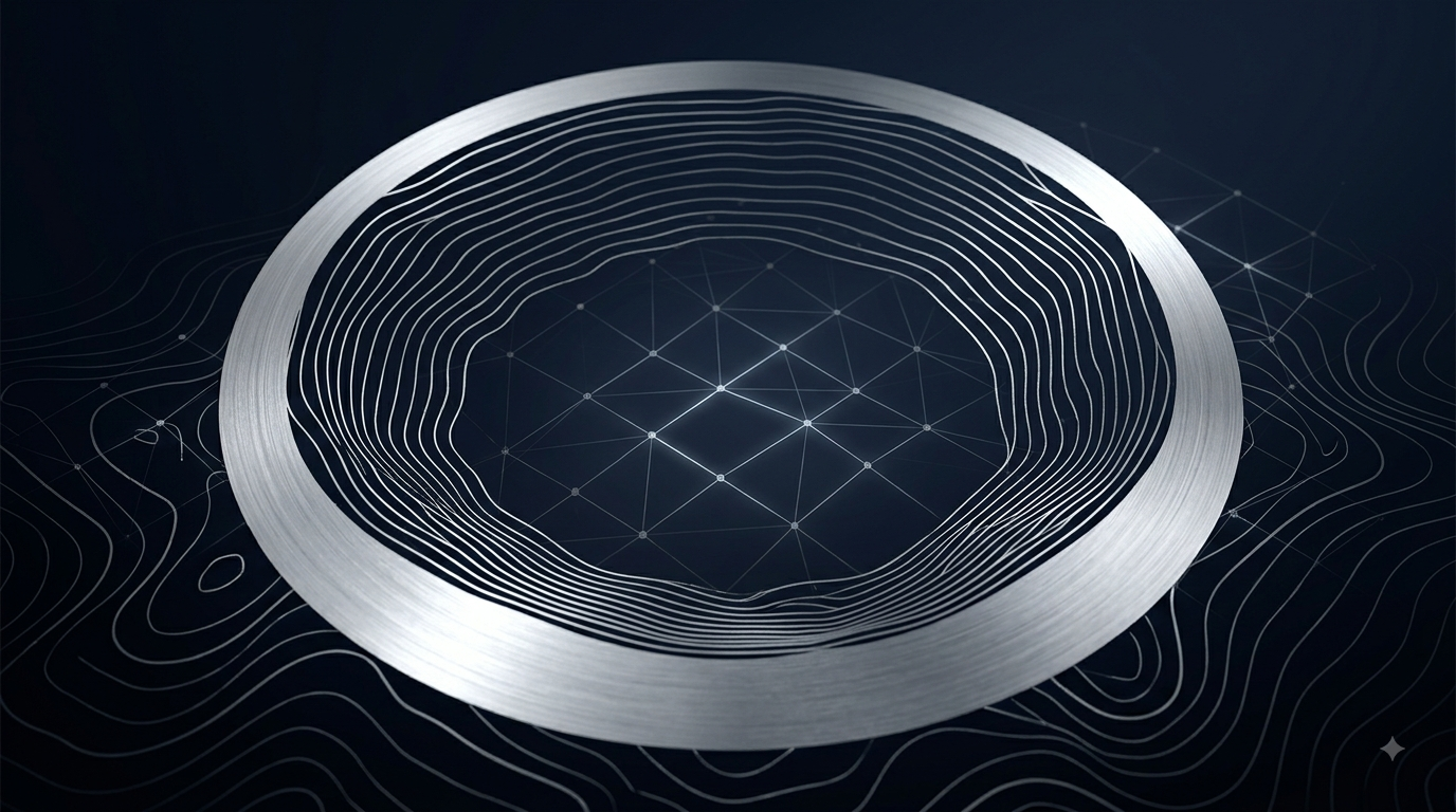 Abstract metallic ring over a topographic and network-node pattern, representing the tokenization layer